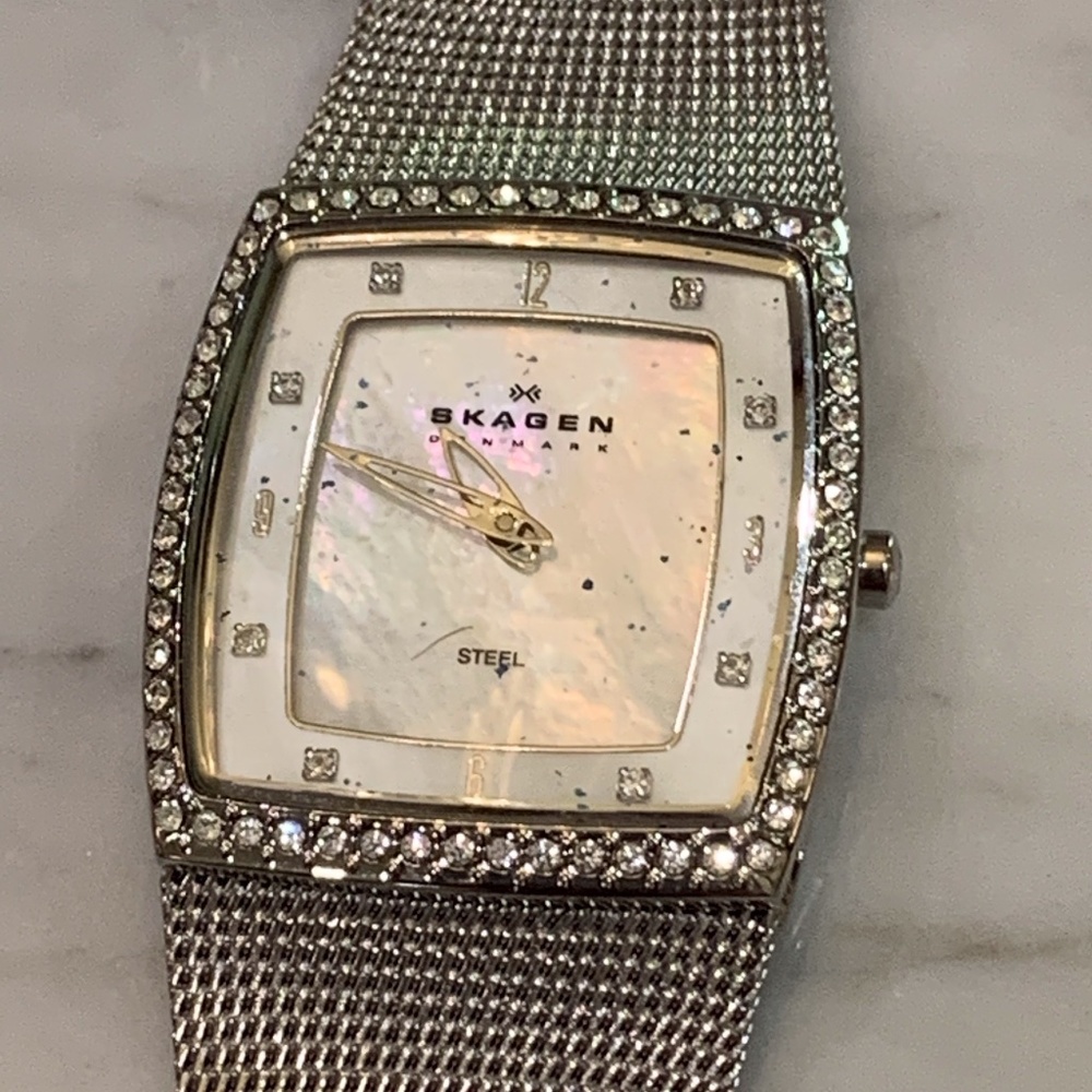 Skagen Pearl Faced Silver Square Watch